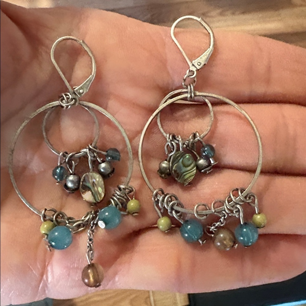 ABALONE SHELL AND BEADED DOUBLE SILVER LOOPED DROP DANGLE LEVERBACK 2.8"EARRINGS - Picture 8 of 10